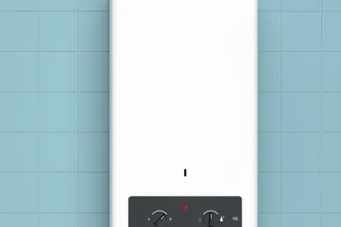 A sleek white gas water heater mounted on a blue tiled wall with control knobs visible.