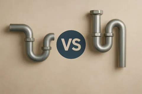 Two different metal pipe shapes positioned on either side of a circular VS symbol on a beige background.