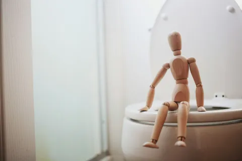 A wooden mannequin sitting on a toilet, illustrating humor in everyday situations.