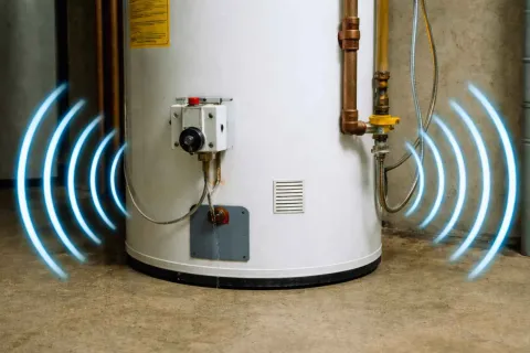 White water heater tank with pipes emitting blue sound waves on both sides in basement.