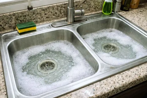 Double stainless steel kitchen sink filled with soapy water and a green sponge on granite countertop