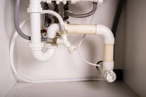 White plastic plumbing pipes with connectors and valves under a sink cabinet against a light background.