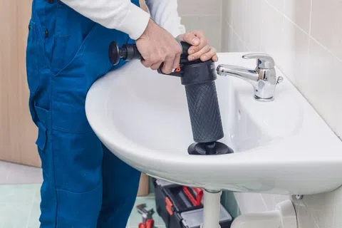Plumber in blue overalls using a manual drain auger to unclog a white bathroom sink drain effectively.