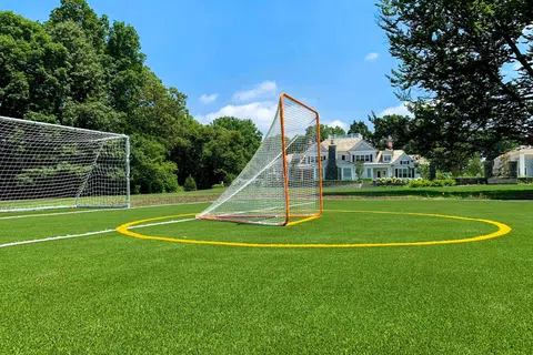 Lacrosse goal and soccer net on green turf field with houses and trees under blue sky