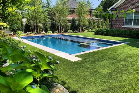 Rectangular backyard swimming pool surrounded by green lawn, plants, and residential houses on a sunny day.