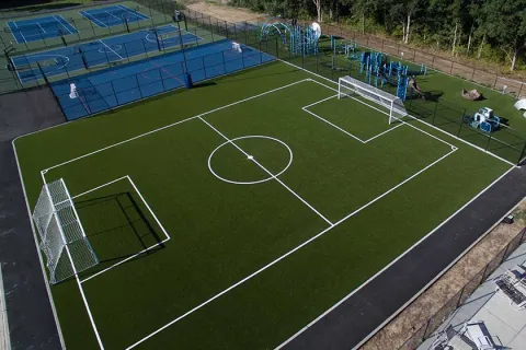 a football field with a goal