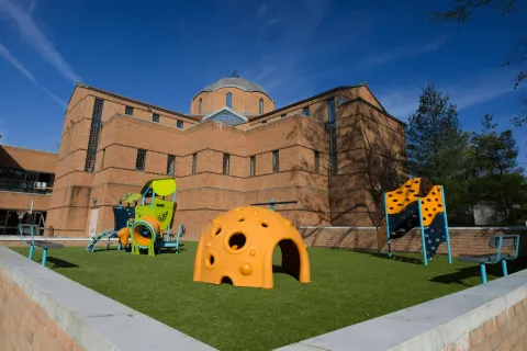 a large building with a lawn and playground equipment in front of it