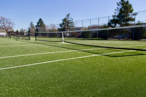 Empty outdoor tennis court with green turf and nets under clear blue sky surrounded by trees.