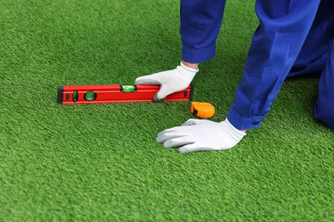 Worker in gloves uses a red level tool on green artificial grass to ensure flat surface.