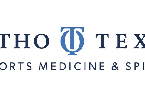 Ortho Texas logo with blue emblem and text Sports Medicine & Spine on white background