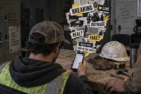 Construction worker looking at a smartphone with breaking news messages about media trust and misinformation.
