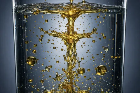 Golden oil drops mixing into clear water inside a transparent glass creating dynamic splash patterns.