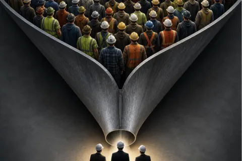 Group of workers in helmets funneled into three leaders standing in spotlight symbolizing leadership and workforce management