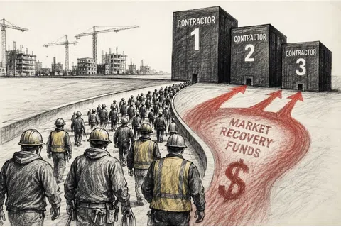 Workers walk toward contractor buildings with market recovery funds flowing as red arrows leading construction industry.