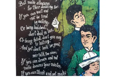 Illustration of three men in vintage attire with an excerpt from the poem If by Rudyard Kipling in white text.