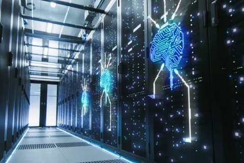 Server room with digital brain icons representing artificial intelligence and data processing technology.