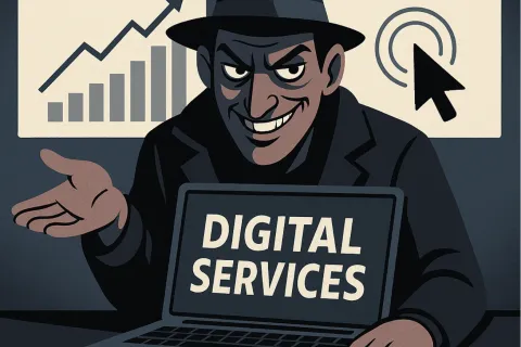 Illustration of a suspicious man promoting digital services amid web traffic growth and click fraud signs.