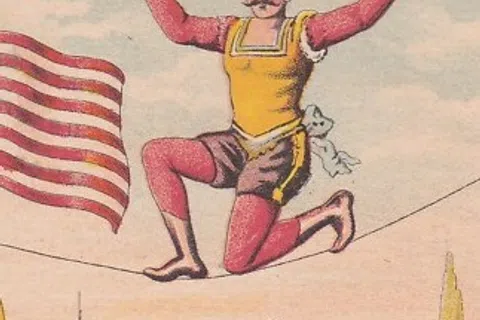 Vintage illustration of a tightrope walker balancing with a pole and American flag behind him.