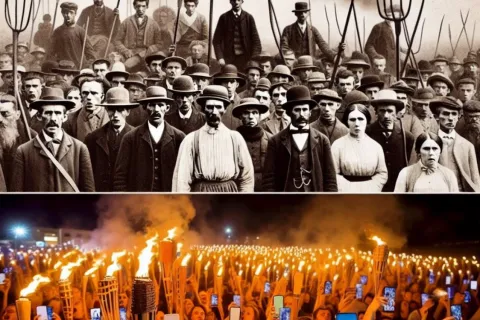 Historic protest scene above, modern gathering with torches and phones below, representing societal movements over time.