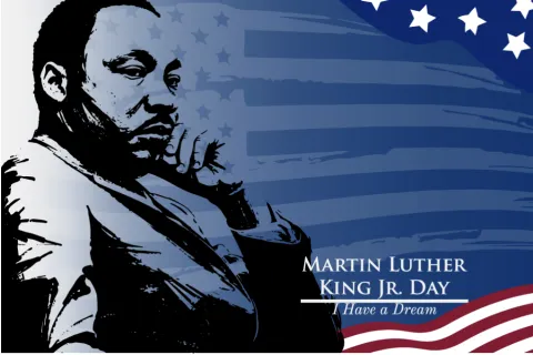 Illustration of Martin Luther King Jr. with American flag background and text celebrating Martin Luther King Jr. Day.
