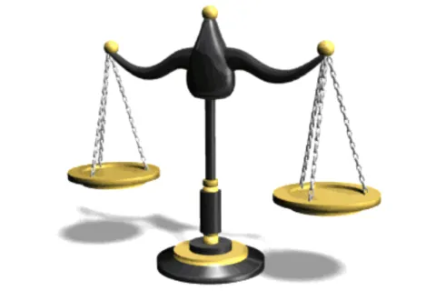 Black and gold balanced scales symbolizing justice or fairness on a white background.