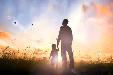 a man and a child walking in a field with a sunset