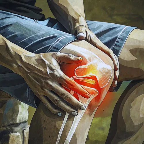 Person holding knee with highlighted joint pain in red surrounded by anatomical bone illustration.