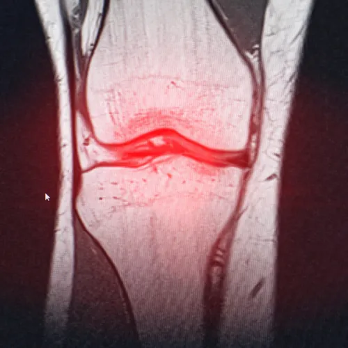 MRI scan of a human knee joint highlighting inflammation or injury in the joint area with red overlay