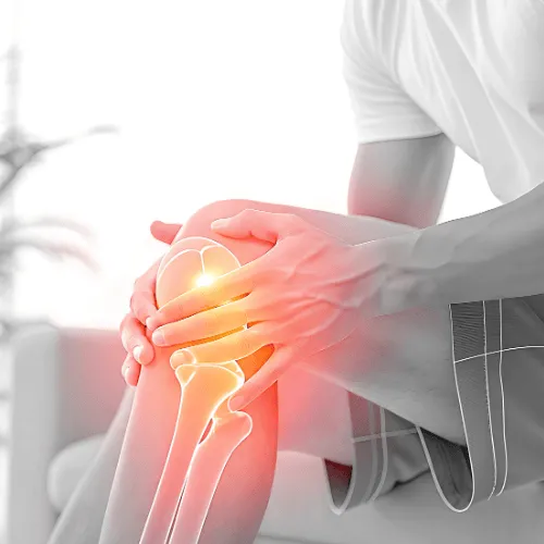 Person holding knee with highlighted joint pain and glowing knee bones, indicating discomfort or injury.