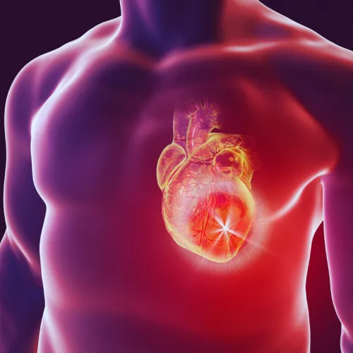 Glowing human heart illustration inside a man's chest highlighting cardiovascular health and anatomy.