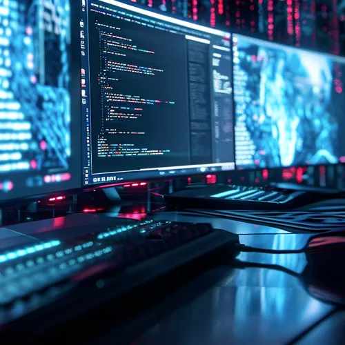 a room with many computer screens