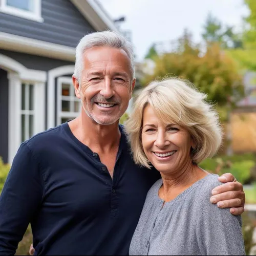 Happy senior couple smiling outdoors with arm around each other in a suburban garden setting