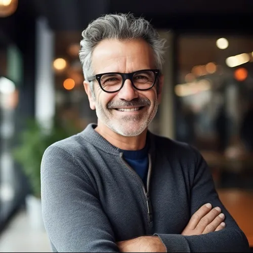 Smiling mature man with gray hair and glasses standing with arms crossed indoors in casual sweater.