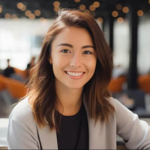 Smiling woman with brown hair in a modern cafe setting with warm lighting.
