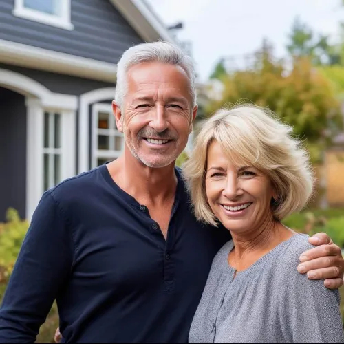 Smiling mature couple embracing outdoors in front of suburban house with greenery in background