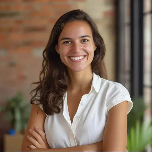 Smiling young woman with long brown hair wearing a white blouse standing with arms crossed indoors.