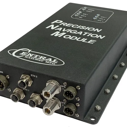 Black Precision Navigation Module by Central Railway MFG with multiple connectors and status LEDs on top.