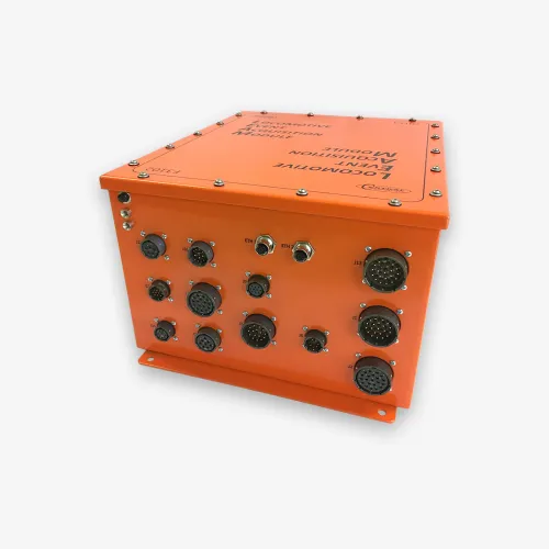 Orange electronic junction module with multiple circular connectors and metal screws on a white background.