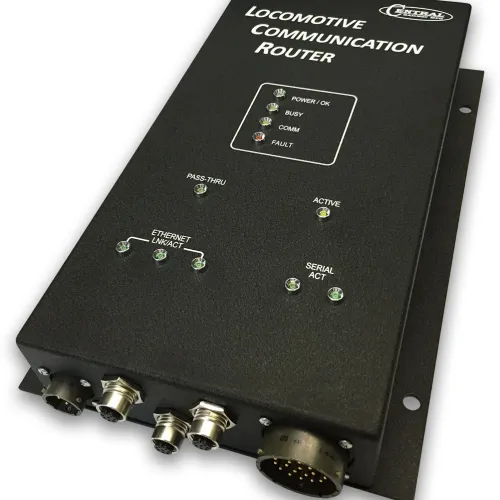 Black Locomotive Communication Router device with LED indicators and multiple connector ports for network and serial communication.