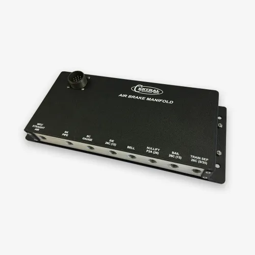 Black Central Air Brake Manifold with multiple labeled ports and a circular connector on a white background