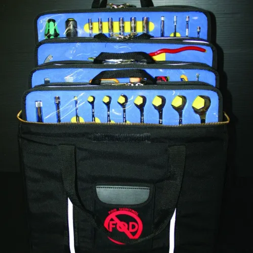 Open black tool bag displaying organized wrenches, pliers, screwdrivers, and sockets with blue tool holders.
