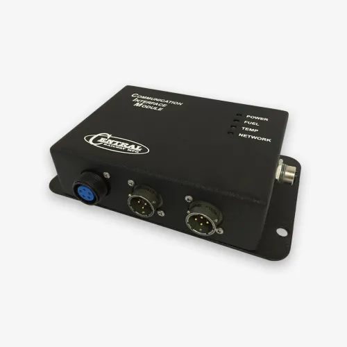 Black communication interface module with connectors and indicator lights for power, fuel, temperature, and network.
