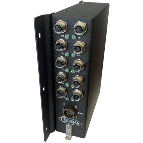 Black industrial electronic device with multiple circular metal connectors and LED indicators on a white background