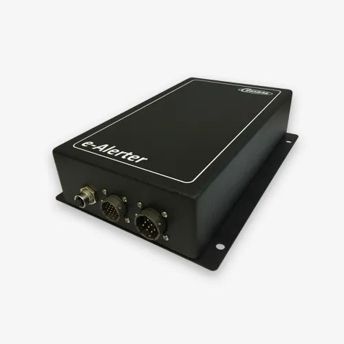 Black e-Alerter device with multiple connector ports and mounting brackets on a white background.