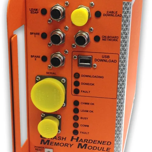 Orange crash hardened memory module with multiple ports, indicator lights, and USB download slot
