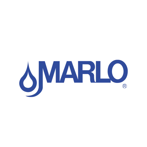 Marlo company logo in blue with a water drop symbol on a white background