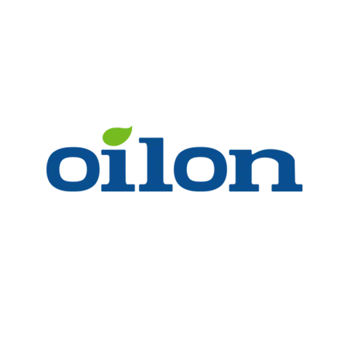 Oilon logo with blue lowercase letters and a green leaf above the letter 'i' on white background