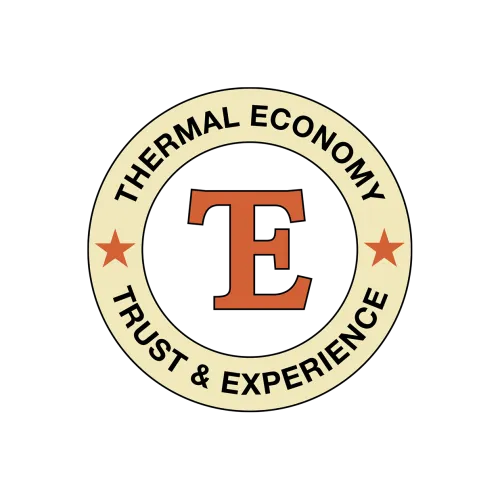 Circular logo with large letter E in the center, surrounded by text Thermaleconomy Trust & Experience and two stars.