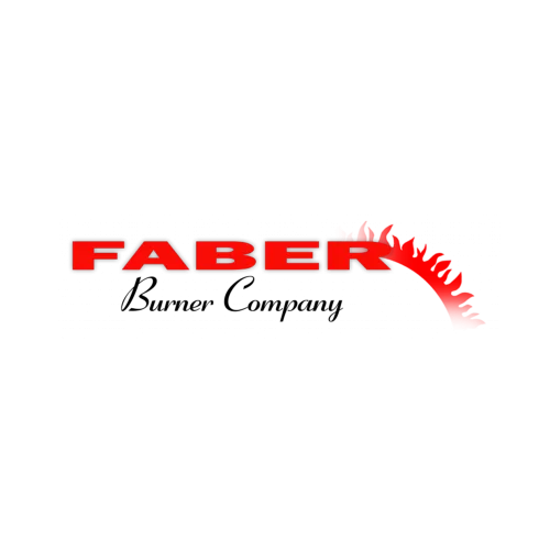 Faber logo with red text and stylized red flame design on black background.