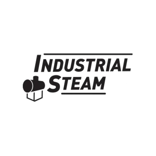 Black and white logo with text Industrial Steam and a steam boiler graphic